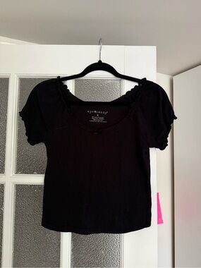 Black Ruffle-Trim Scoop Neck Top